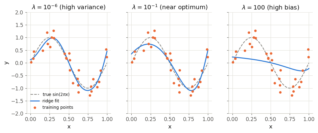 Ridge fits to the same 30 points at three values of lambda
